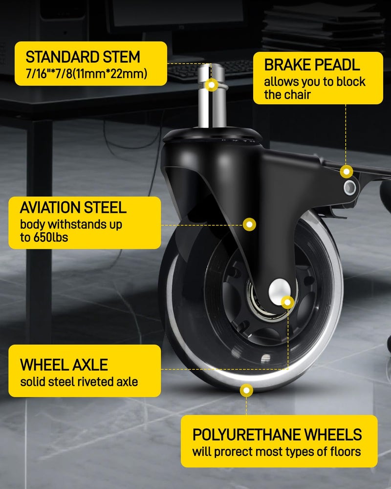 LONGADS Office Chair Caster Wheels with Brakes 5 Packs 3 in for Hardwood Floors and Low Pile Carpet,Heavy Duty Quiet Swivel Replacement -Made from Soft Premium Pu Rubber-Black - Image 3